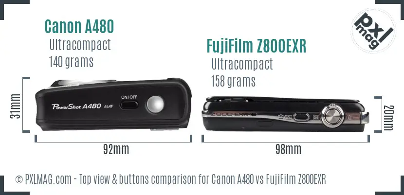 Canon A480 vs FujiFilm Z800EXR top view buttons comparison