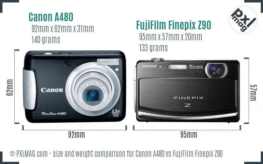 Canon A480 vs FujiFilm Finepix Z90 size comparison