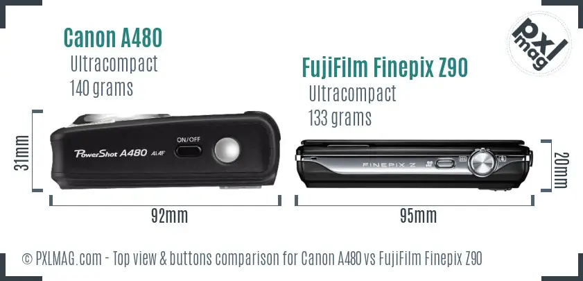 Canon A480 vs FujiFilm Finepix Z90 top view buttons comparison