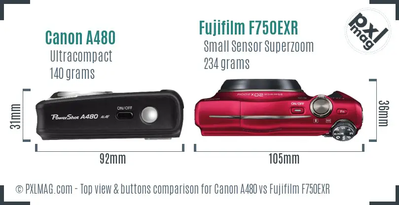 Canon A480 vs Fujifilm F750EXR top view buttons comparison
