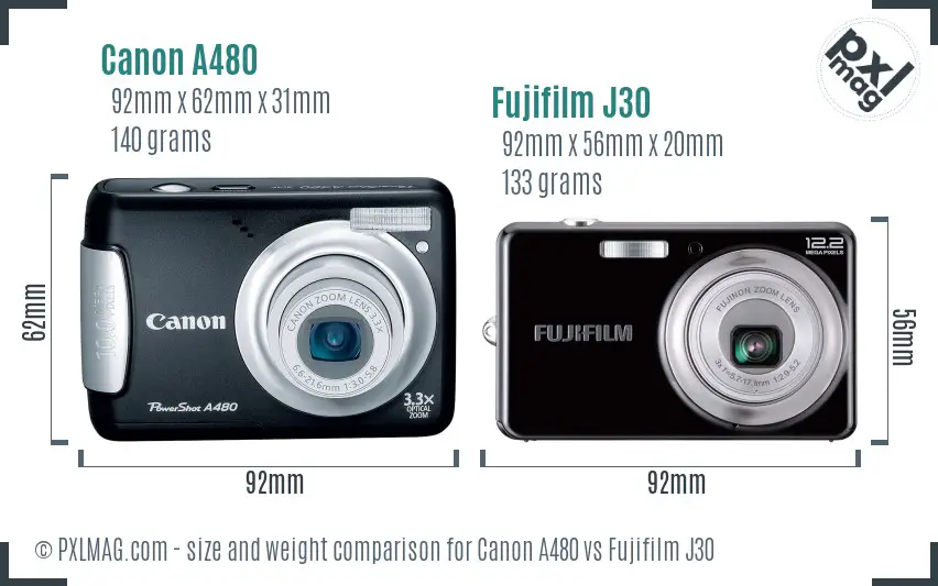 Canon A480 vs Fujifilm J30 size comparison