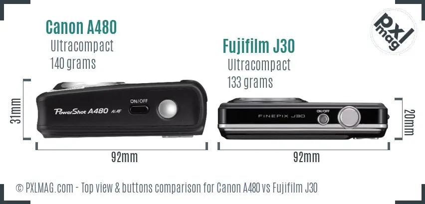Canon A480 vs Fujifilm J30 top view buttons comparison