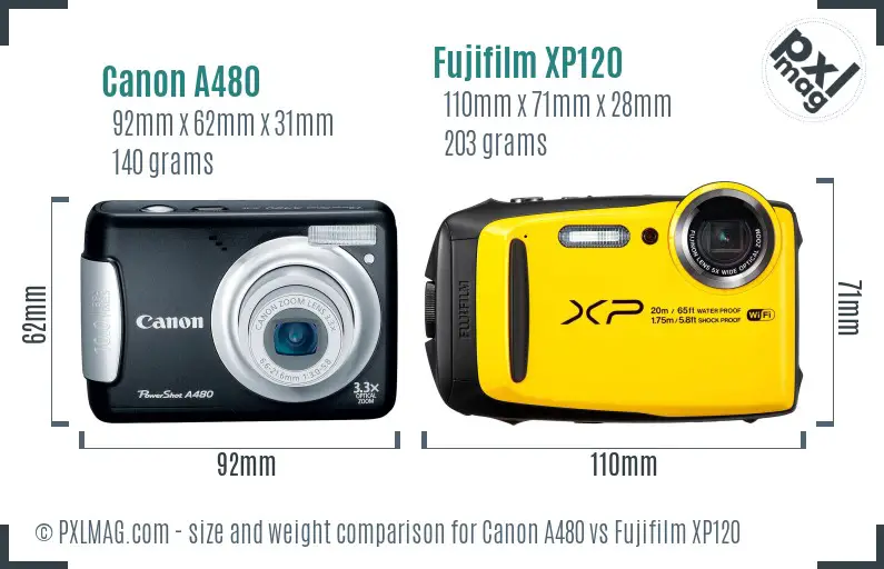 Canon A480 vs Fujifilm XP120 size comparison