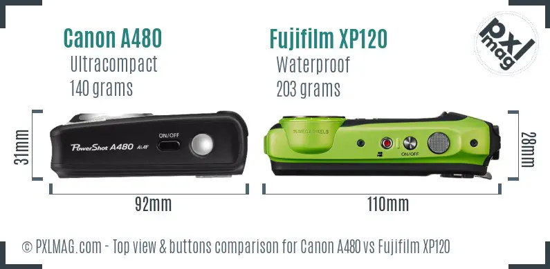 Canon A480 vs Fujifilm XP120 top view buttons comparison