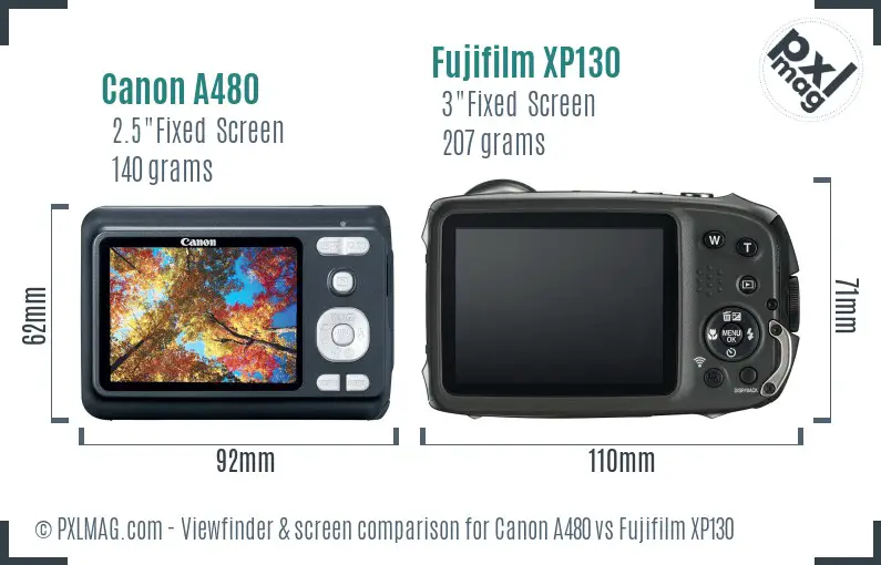 Canon A480 vs Fujifilm XP130 Screen and Viewfinder comparison