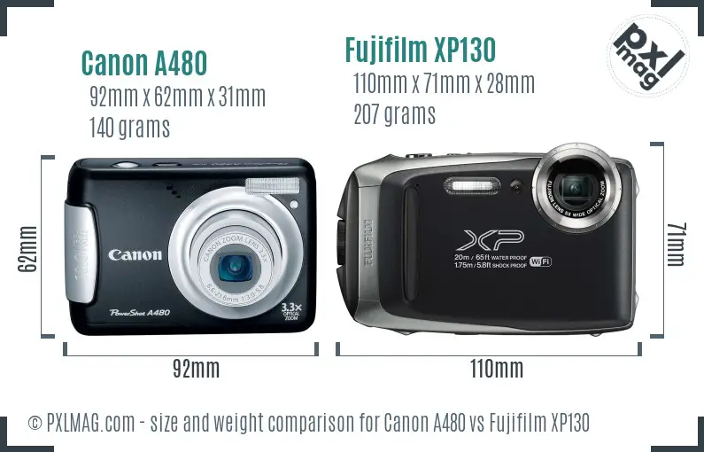 Canon A480 vs Fujifilm XP130 size comparison