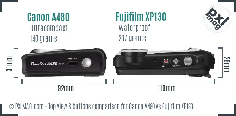 Canon A480 vs Fujifilm XP130 top view buttons comparison