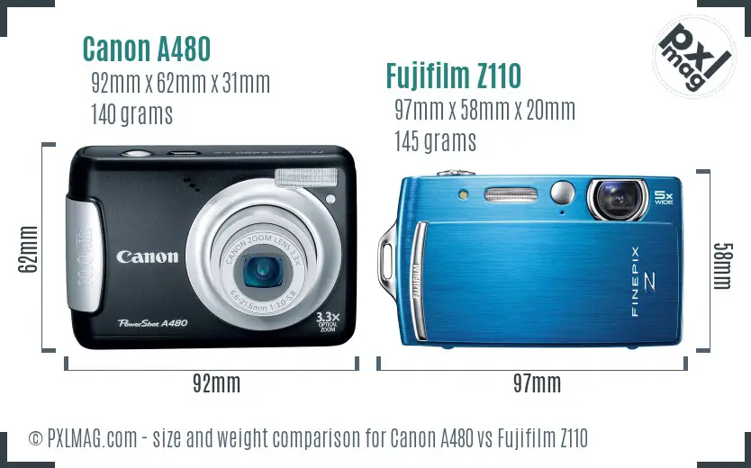 Canon A480 vs Fujifilm Z110 size comparison