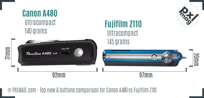 Canon A480 vs Fujifilm Z110 top view buttons comparison