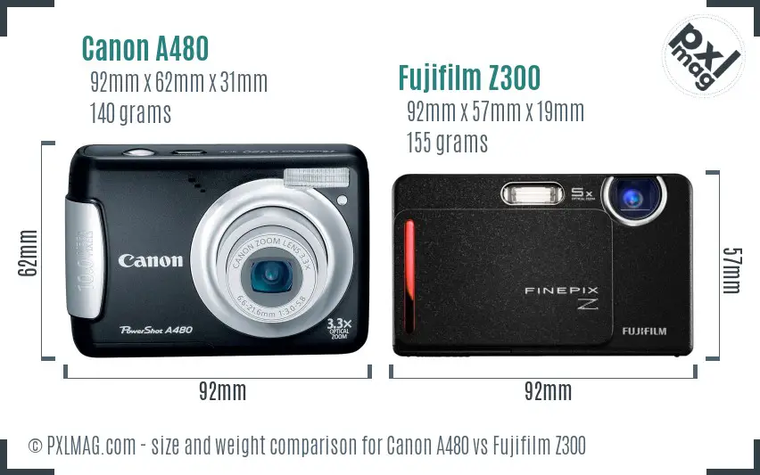 Canon A480 vs Fujifilm Z300 size comparison