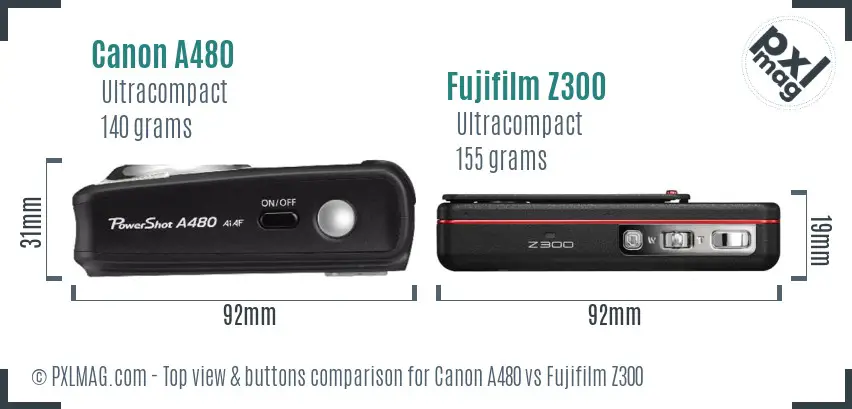 Canon A480 vs Fujifilm Z300 top view buttons comparison