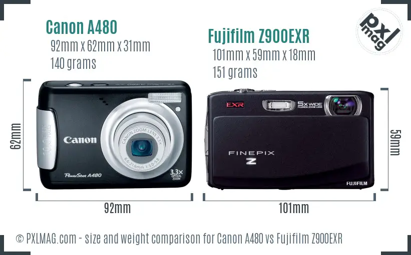 Canon A480 vs Fujifilm Z900EXR size comparison