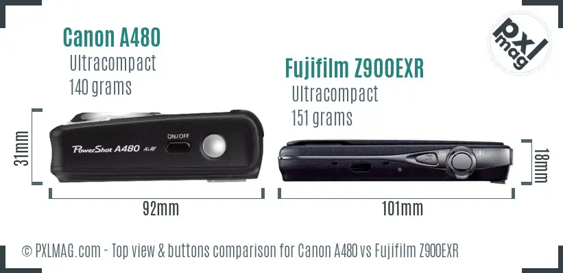 Canon A480 vs Fujifilm Z900EXR top view buttons comparison