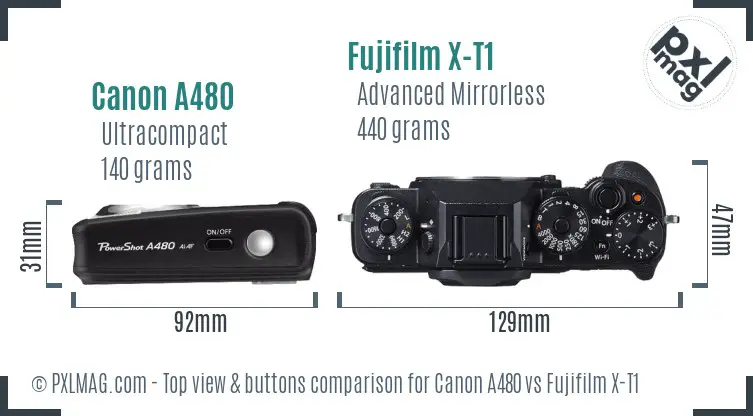 Canon A480 vs Fujifilm X-T1 top view buttons comparison