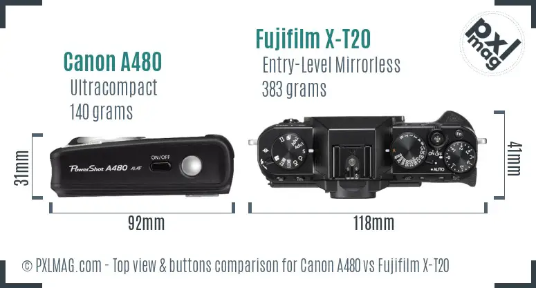 Canon A480 vs Fujifilm X-T20 top view buttons comparison