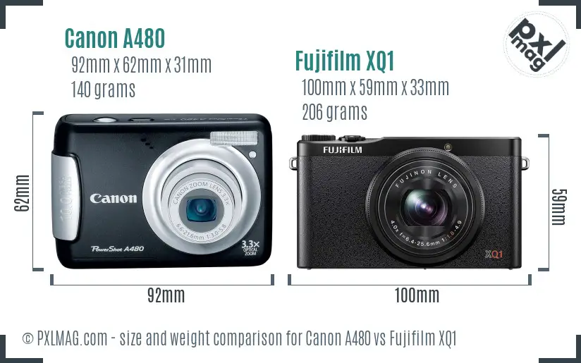 Canon A480 vs Fujifilm XQ1 size comparison