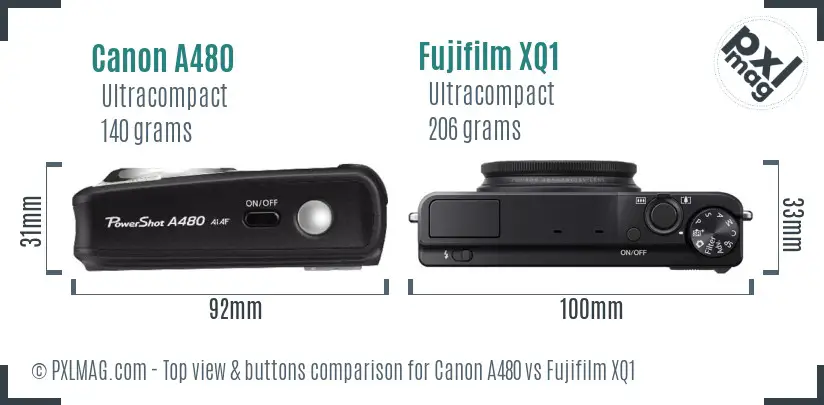 Canon A480 vs Fujifilm XQ1 top view buttons comparison