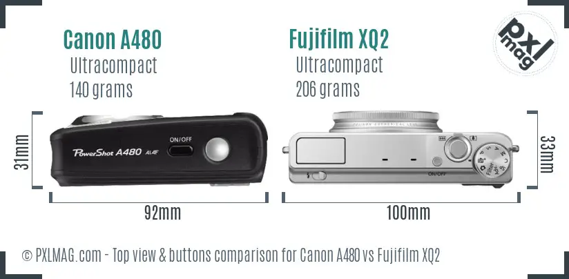 Canon A480 vs Fujifilm XQ2 top view buttons comparison