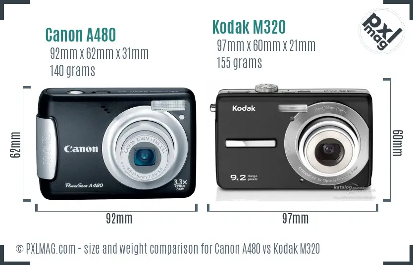 Canon A480 vs Kodak M320 size comparison