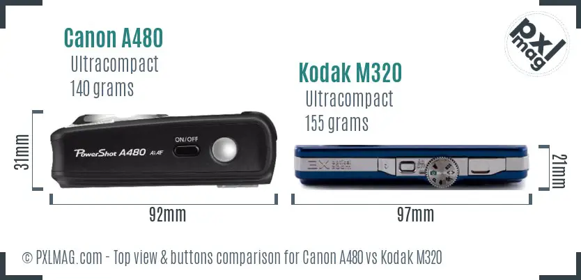 Canon A480 vs Kodak M320 top view buttons comparison