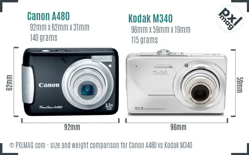 Canon A480 vs Kodak M340 size comparison