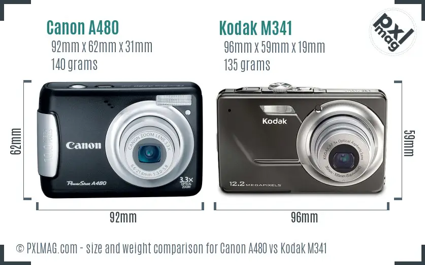 Canon A480 vs Kodak M341 size comparison