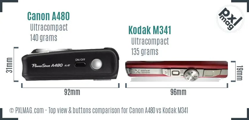 Canon A480 vs Kodak M341 top view buttons comparison