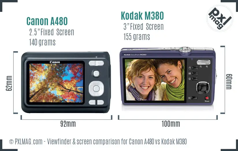 Canon A480 vs Kodak M380 Screen and Viewfinder comparison