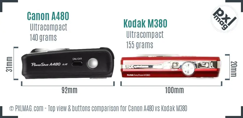 Canon A480 vs Kodak M380 top view buttons comparison