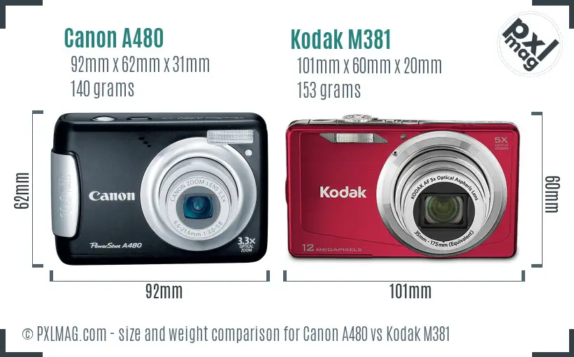 Canon A480 vs Kodak M381 size comparison