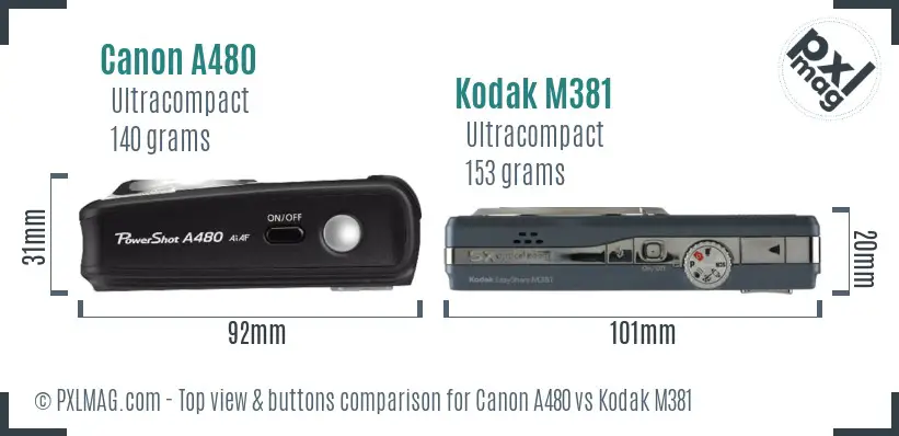 Canon A480 vs Kodak M381 top view buttons comparison