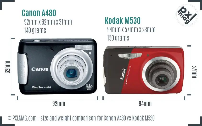 Canon A480 vs Kodak M530 size comparison
