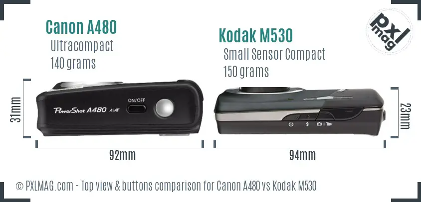Canon A480 vs Kodak M530 top view buttons comparison