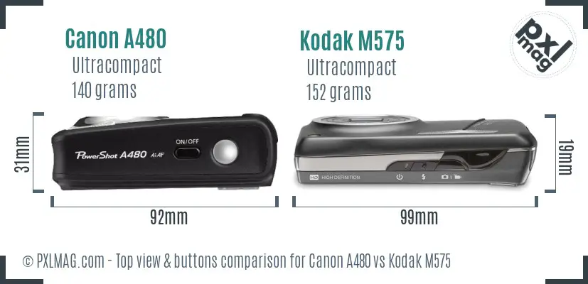 Canon A480 vs Kodak M575 top view buttons comparison