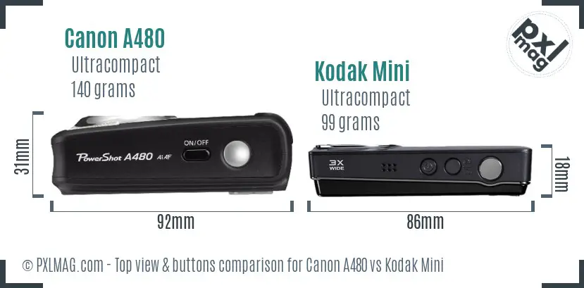Canon A480 vs Kodak Mini top view buttons comparison