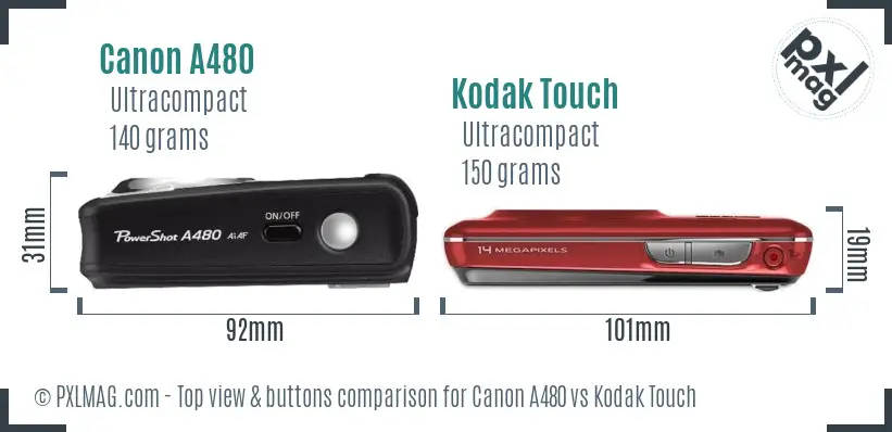 Canon A480 vs Kodak Touch top view buttons comparison