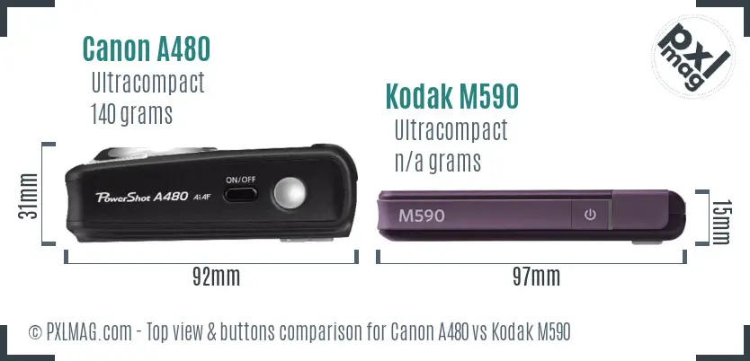 Canon A480 vs Kodak M590 top view buttons comparison