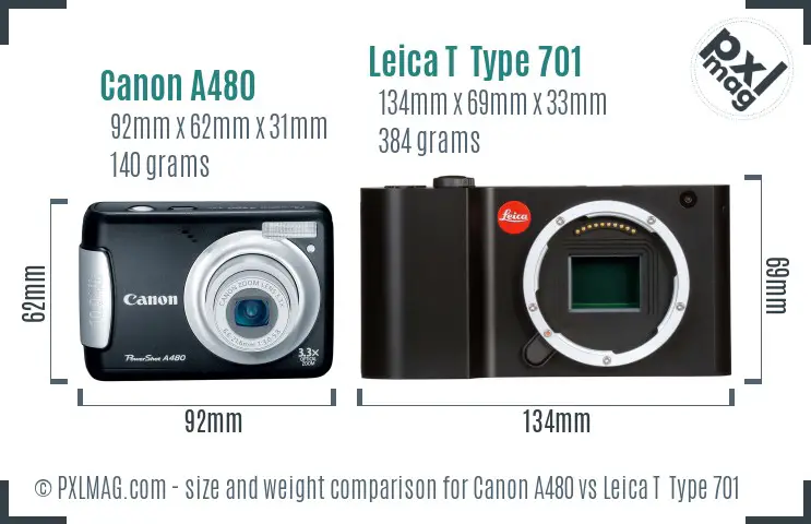Canon A480 vs Leica T  Type 701 size comparison