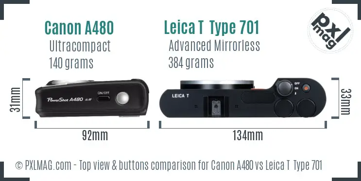 Canon A480 vs Leica T  Type 701 top view buttons comparison