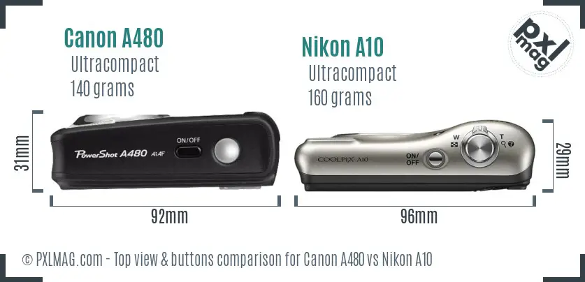 Canon A480 vs Nikon A10 top view buttons comparison