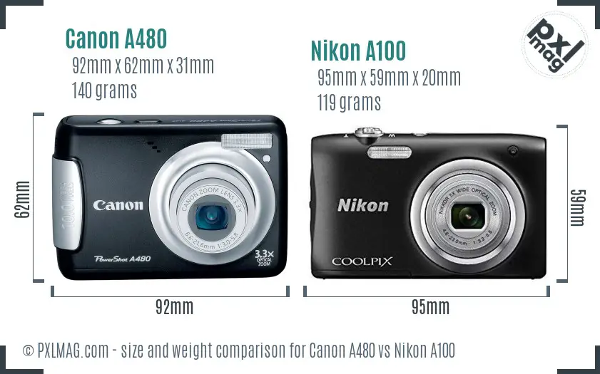 Canon A480 vs Nikon A100 size comparison