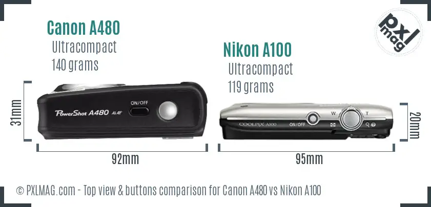 Canon A480 vs Nikon A100 top view buttons comparison