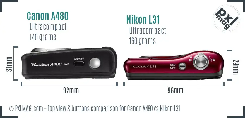 Canon A480 vs Nikon L31 top view buttons comparison
