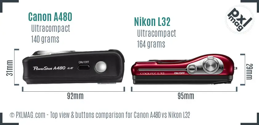 Canon A480 vs Nikon L32 top view buttons comparison