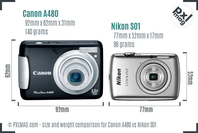 Canon A480 vs Nikon S01 size comparison