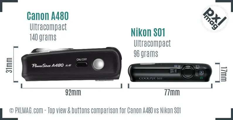 Canon A480 vs Nikon S01 top view buttons comparison