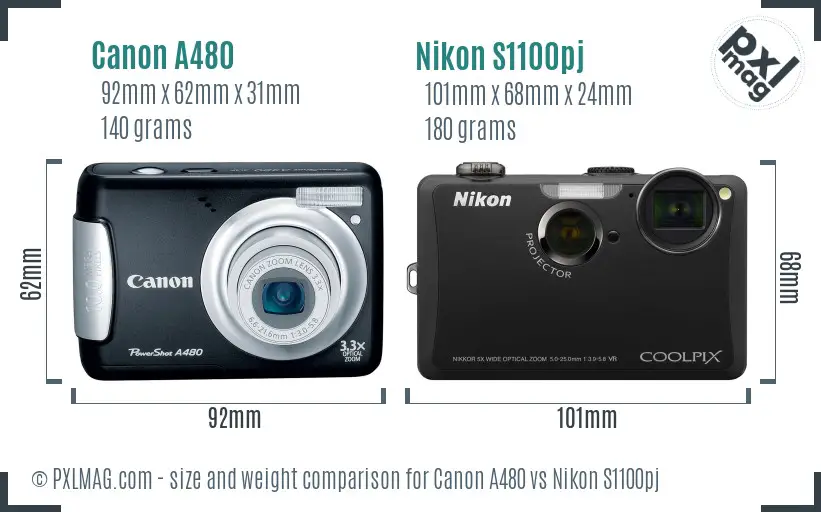 Canon A480 vs Nikon S1100pj size comparison
