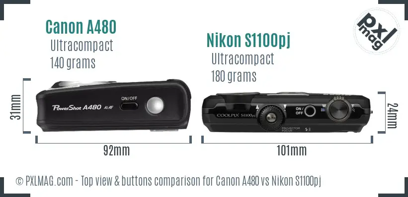 Canon A480 vs Nikon S1100pj top view buttons comparison