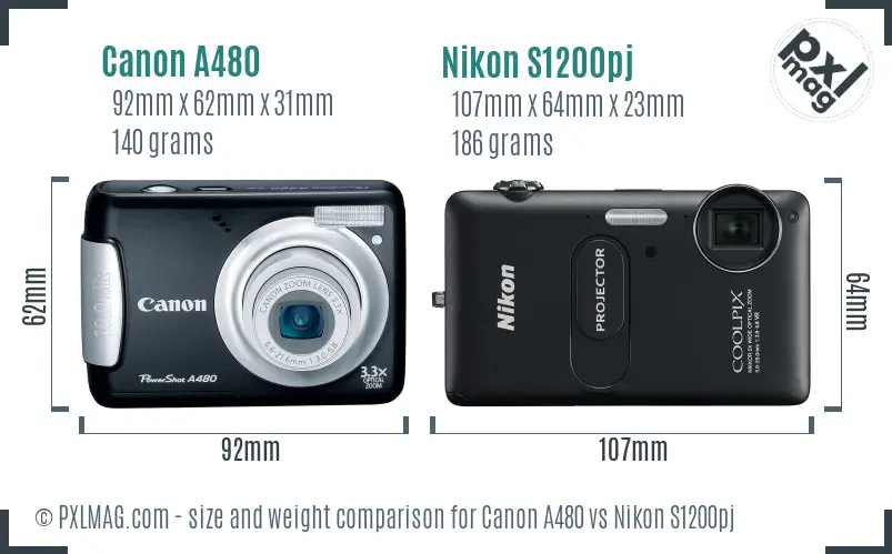 Canon A480 vs Nikon S1200pj size comparison