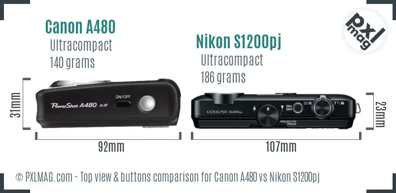 Canon A480 vs Nikon S1200pj top view buttons comparison